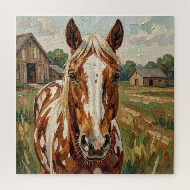 Quebra-cabeça Cavalo Marrom e Branco Bonito em uma Fazenda Rústi (Vertical)