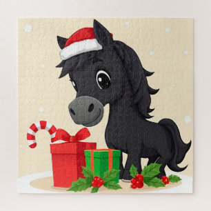 Quebra-cabeça Cavalo Preto de Desenho Animado Festivo Com Chapéu