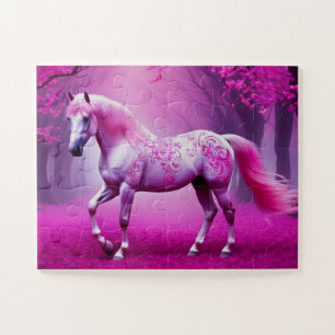 Quebra-cabeça Cavalo rosa místico numa floresta de fantasia