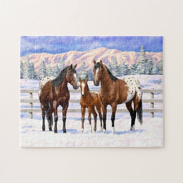Quebra-cabeça Cavalos Appaloosa De Baía Castanha Em Neve (Horizontal)