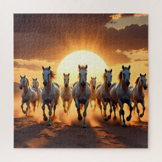 Quebra-cabeça Cavalos Brancos Majestosos no Deserto ao Pôr do So
