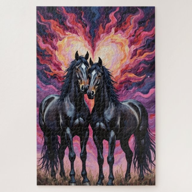 Quebra-cabeça Cavalos Frisões Silhueta Dramática de Amor (Vertical)
