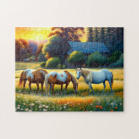 Cavalos no Prado de Flores Silvestres da Fazenda