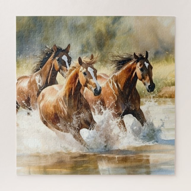 Quebra-cabeça Cavalos Selvagens Correndo Marrom Preto Aquarela (Vertical)