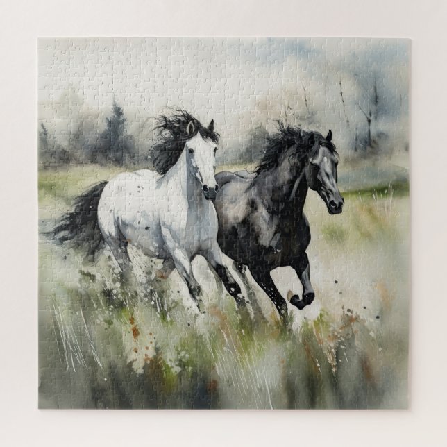 Quebra-cabeça Cavalos Selvagens Pretos e Brancos Aquarela (Vertical)