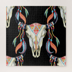 Quebra-cabeça Caveira de Buffalo: Fundo Preto de Aquarela.