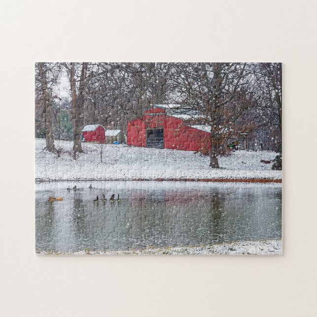 Quebra-cabeça Celeiro Vermelho na Neve Pintura (Horizontal)