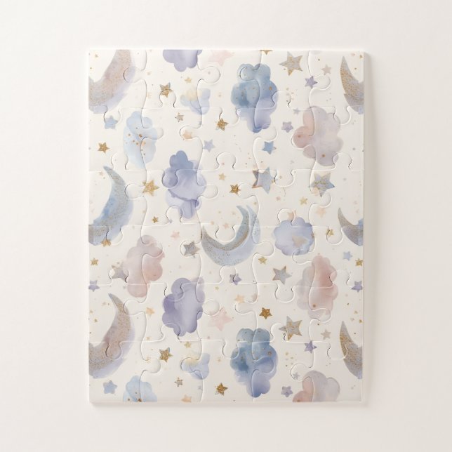 Quebra-cabeça Celestial Moon Stars Clouds Watercolor Pastels (Vertical)