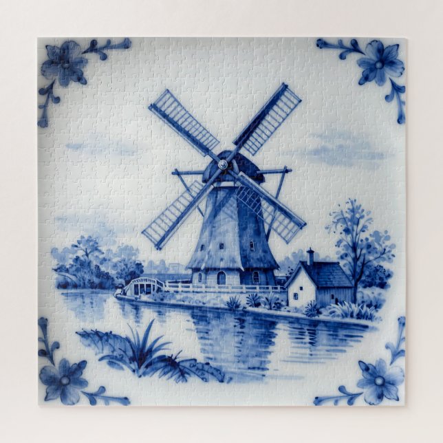 Quebra-cabeça Cena Clássica do Moinho de Vento em Delft Azul (Vertical)