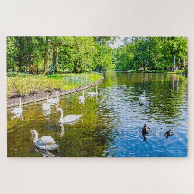 Quebra-cabeça Cena com cisnes de Keukenhof Park, Países Baixos (Horizontal)