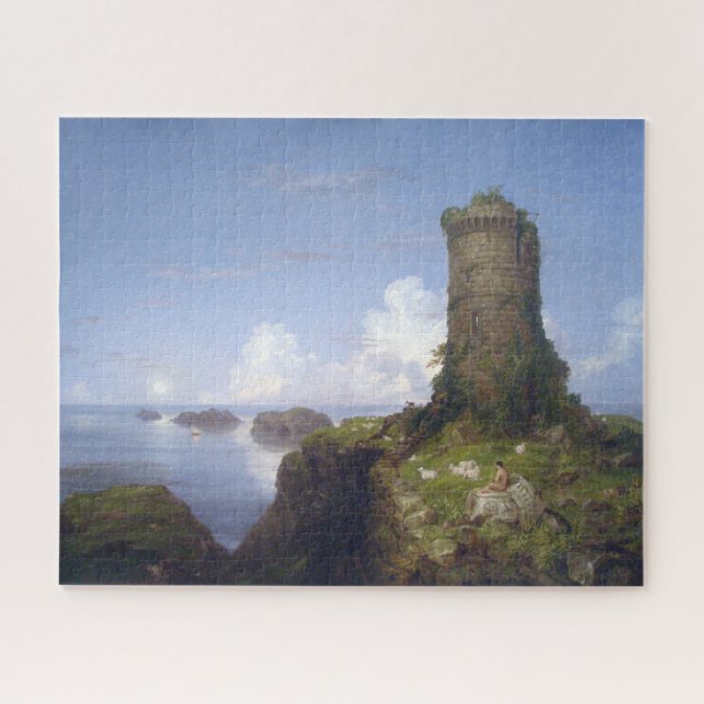 Quebra-cabeça Cena Costeira Italiana com Torre Arruinada (Horizontal)