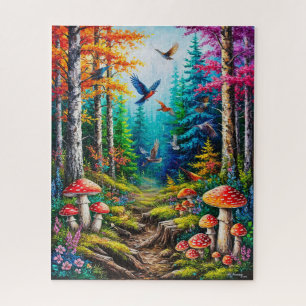 Quebra-cabeça Cena da Floresta Encantada com Pássaros Coloridos