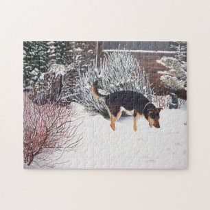 Quebra-cabeça Cena da neve do inverno com o cão preto e tan