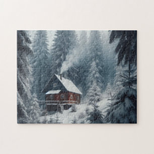 Quebra-cabeça Cena de Cabana de Inverno com Neve e Pinheiros