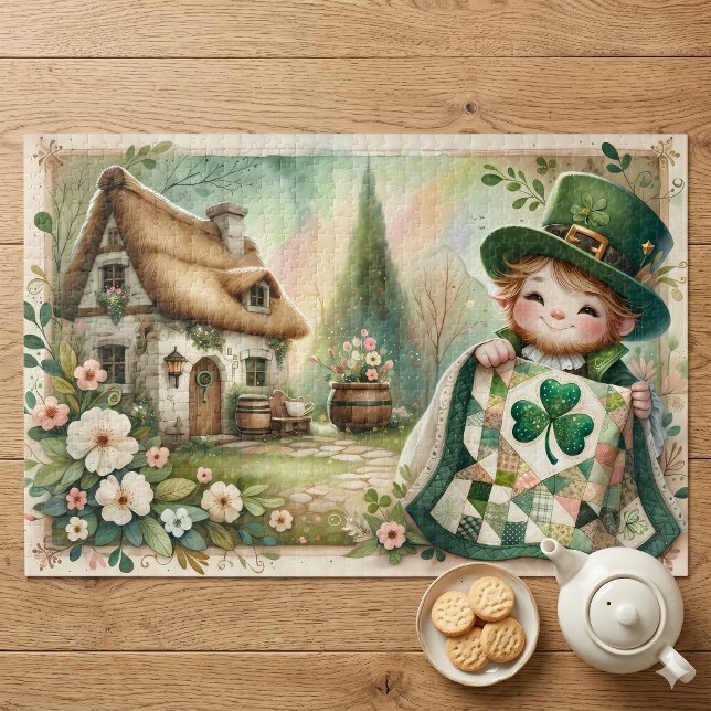 Quebra-cabeça Cena de Colcha Xadrez com Duende da Casa de Campo (Cottage Leprechaun Patchwork Quilt Scene Jigsaw Puzzle)