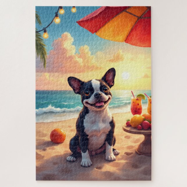 Quebra-cabeça Cena de Festa de Praia do Boston Terrier (Vertical)