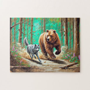 Quebra-cabeça Cena de Floresta Chalk de Wolf and Bear Chase Past
