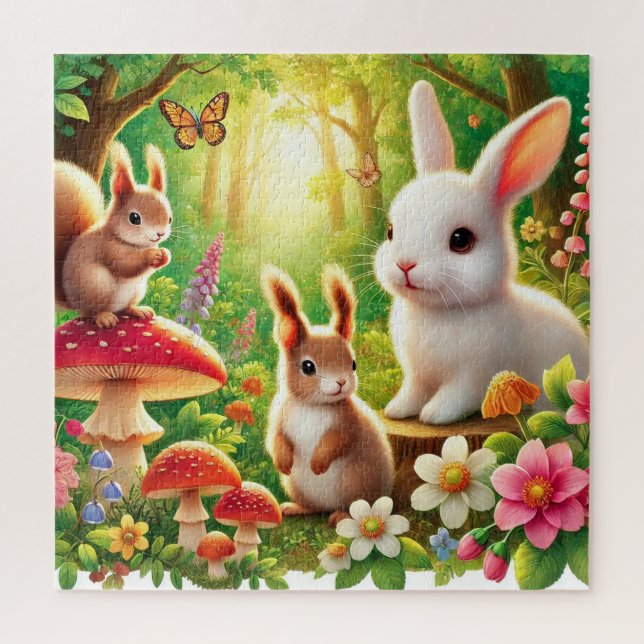Quebra-cabeça Cena de Floresta Whimsical com Coelhos, Esquilos (Vertical)