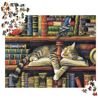 Quebra-cabeça Cena de Gato da Biblioteca Realista Multicolorida