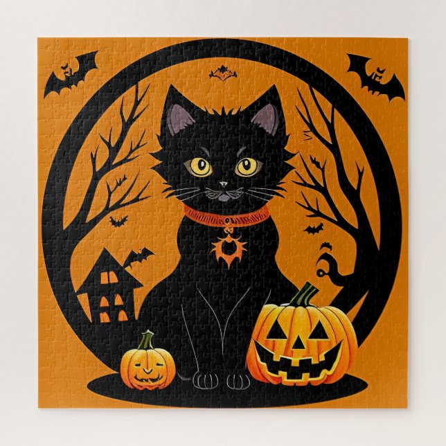 Quebra-cabeça Cena de Gato Preto no Halloween com Abóbora de Lan (Vertical)