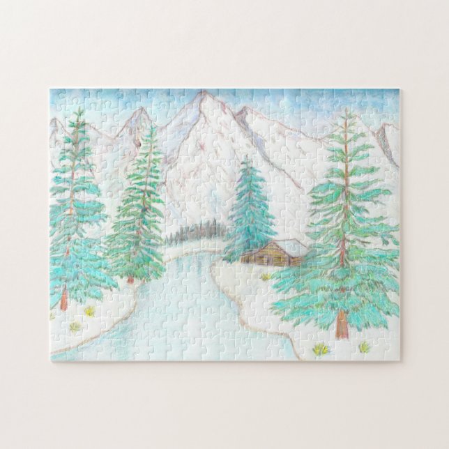 Quebra-cabeça Cena de Inverno com Montanhas Puzzle (Horizontal)