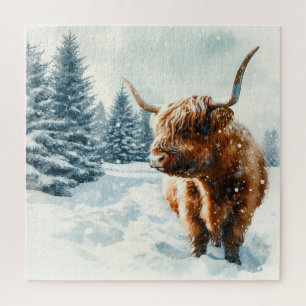 Quebra-cabeça Cena de inverno da Vaca em Highland Watercolor