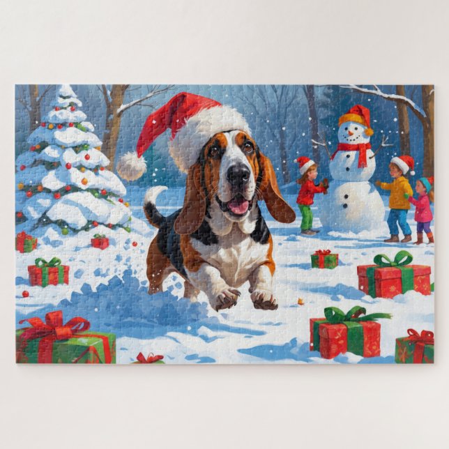 Quebra-cabeça Cena de Natal com Basset Hound na Neve (Horizontal)