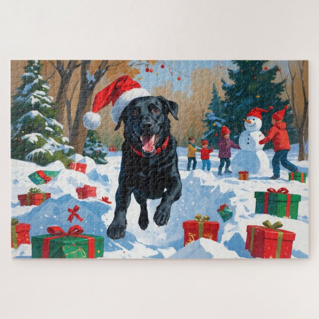 Quebra-cabeça Cena de Natal com Labrador Preto na Neve Festiva (Horizontal)