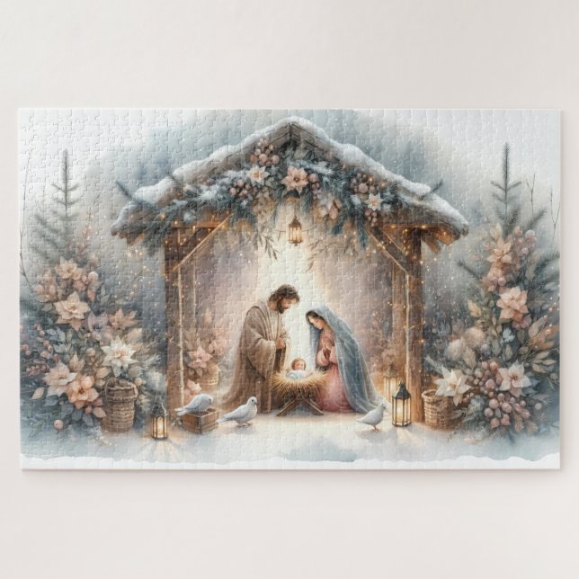 Quebra-cabeça Cena de Natal Rústica com Florais de Inverno (Horizontal)