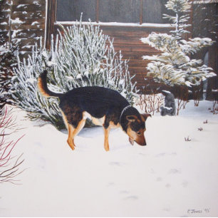 Quebra-cabeça Cena de neve de inverno com preto giro e cão bronz