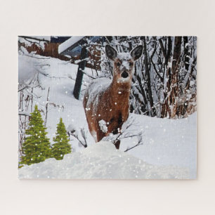 Quebra-cabeça Cena de neve de inverno com vida selvagem de cervo