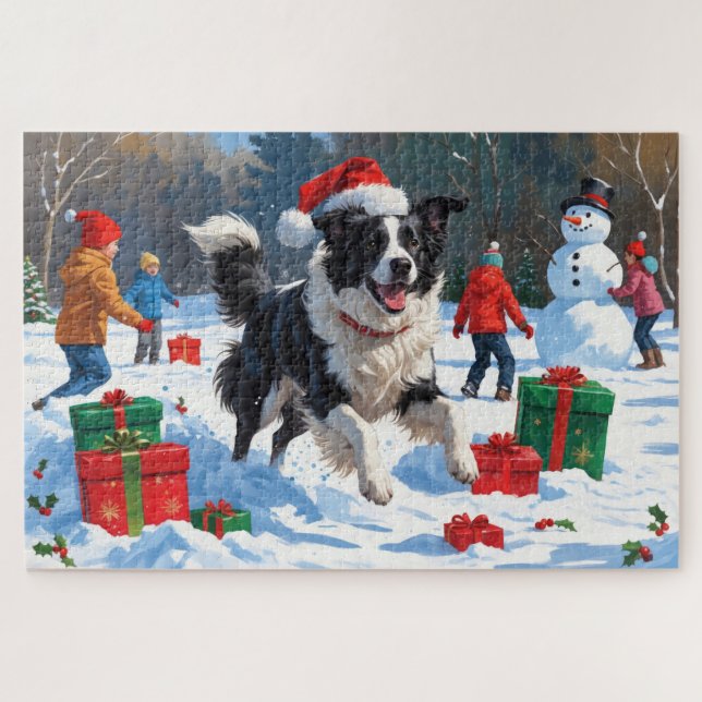 Quebra-cabeça Cena de Neve Festiva da Borda Collie Christmas (Horizontal)