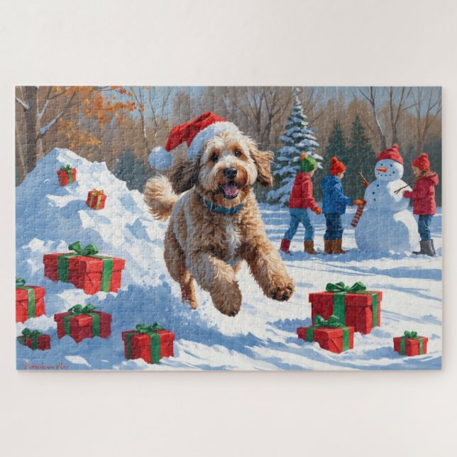 Quebra-cabeça Cena de neve festiva de Natal Bernedoodle (Horizontal)