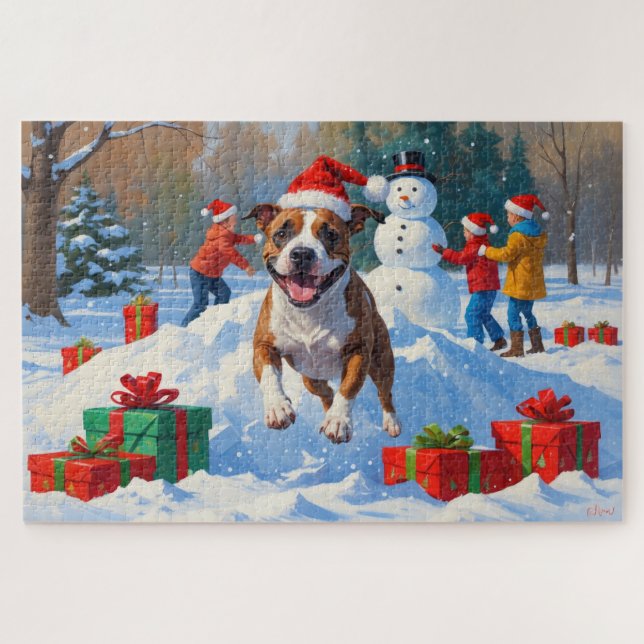 Quebra-cabeça Cena de neve festiva de Natal com Bull Terrier (Horizontal)