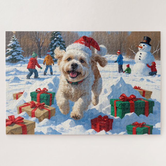 Quebra-cabeça Cena de neve festiva de Natal do Bichon Frise (Horizontal)