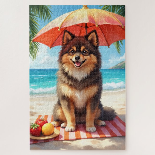 Quebra-cabeça Cena de Praia com Lapphund Finlandês (Vertical)
