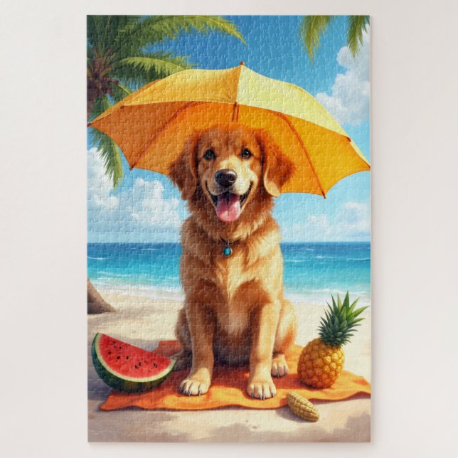 Quebra-cabeça Cena de Relaxamento de Golden Retriever na Praia (Vertical)