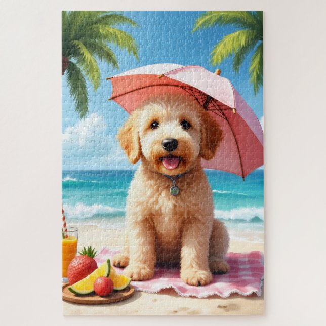 Quebra-cabeça Cena de Relaxamento de Goldendoodle na Praia (Vertical)
