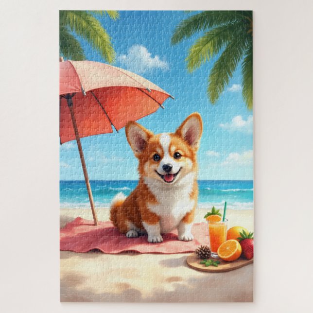 Quebra-cabeça Cena de Relaxamento de Luxo do Corgi na Praia (Vertical)