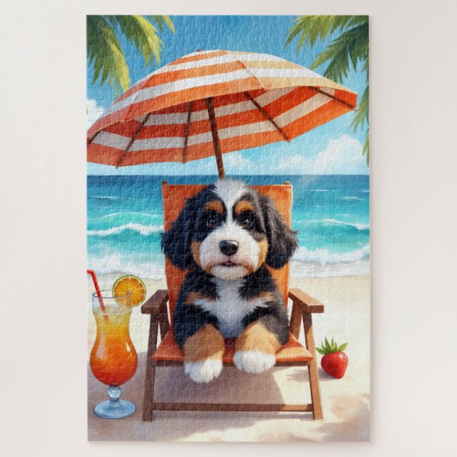 Quebra-cabeça Cena de Relaxamento do Bernedoodle na Praia (Vertical)