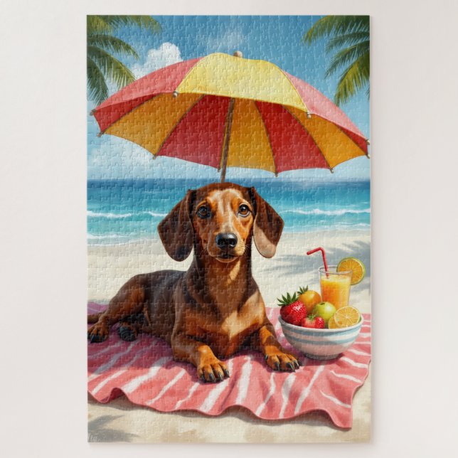Quebra-cabeça Cena de Relaxamento do Dachshund na Praia (Vertical)