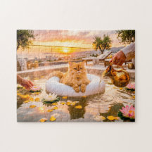 Cena de Spa com Gatos no Lago ao Pôr do Sol Sereni