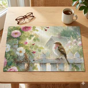 Quebra-cabeça Cena em Aquarela de Pássaro com Rosa de Jardim