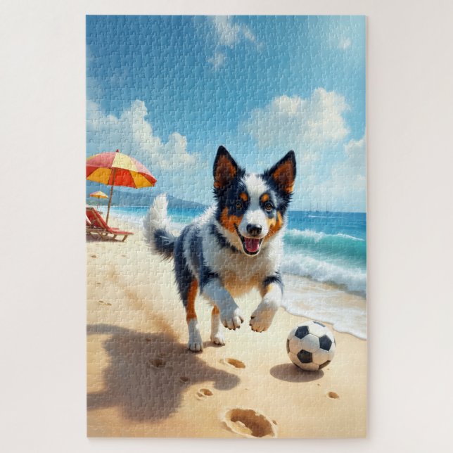 Quebra-cabeça Cena Esportiva na Praia com Blue Heeler (Vertical)