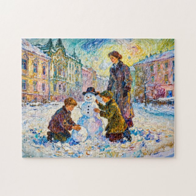 Quebra-cabeça Cena impressionista de praça no inverno com crianç (Horizontal)