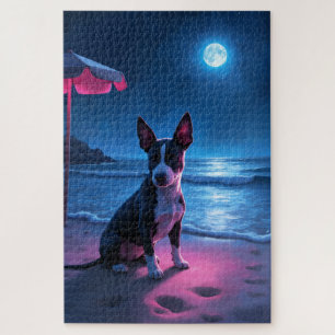 Quebra-cabeça Cena Noturna de Praia Neon com Bull Terrier