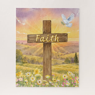 Quebra-cabeça Cena Pastoral da Fé Cristã Cruz e Pombo
