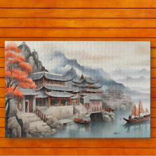 Quebra-cabeça Cena tranquila de uma vila de pesca oriental