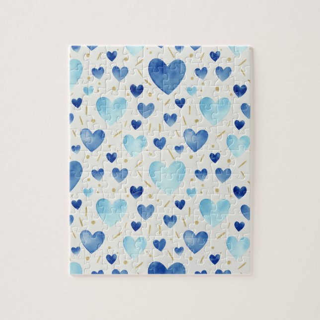 Quebra-cabeça Cerulean Sparkle | Blue & Gold Watercolor Hearts (Vertical)