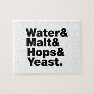 Quebra-cabeça Cerveja = Água, Malte e Saltos e levedura.
